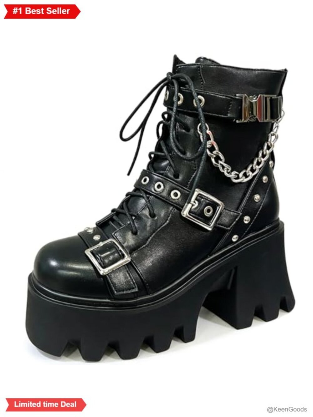 Platform Combat Boots Women Goth Chain Chunky Heel Motorcycle Boot PU